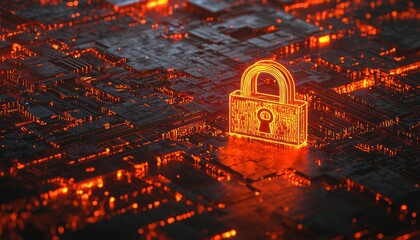 Poster - Glowing Lock Symbol on a Digital Circuit Board