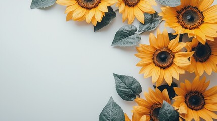 Poster - Sunflowers and Leaves on a Light Background