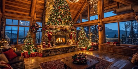 Sticker - Festive Christmas Scene in a Cozy Log Cabin Home