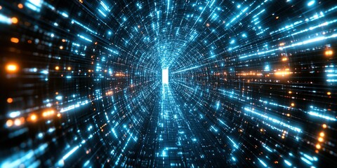 Wall Mural - exploring a futuristic tunnel of lights and data flow in a digital universe during a high-tech conce