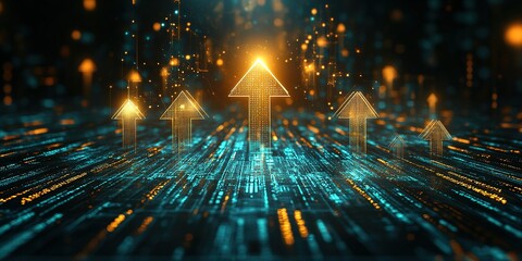 Wall Mural - digital arrows representing growth and progress with glowing effects in a futuristic setting