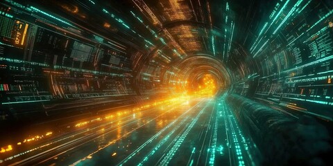 Wall Mural - digital tunnel with glowing lights and data streams representing a futuristic journey through techno