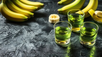 Wall Mural - Three Shots of Green Banana Liqueur with Fresh Bananas