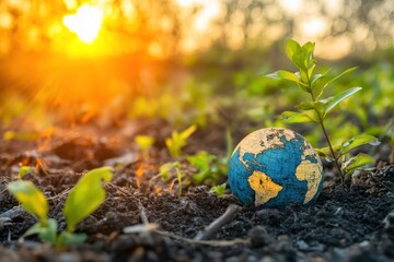 Poster - Young Plant Sprouting Near a Miniature Earth Globe