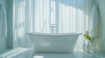 Wall Mural - Modern Bathroom Featuring a White Freestanding Tub and Sheer Curtains