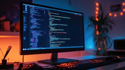 Aufkleber - Computer Screen Displays Lines Of Code In Dark Room