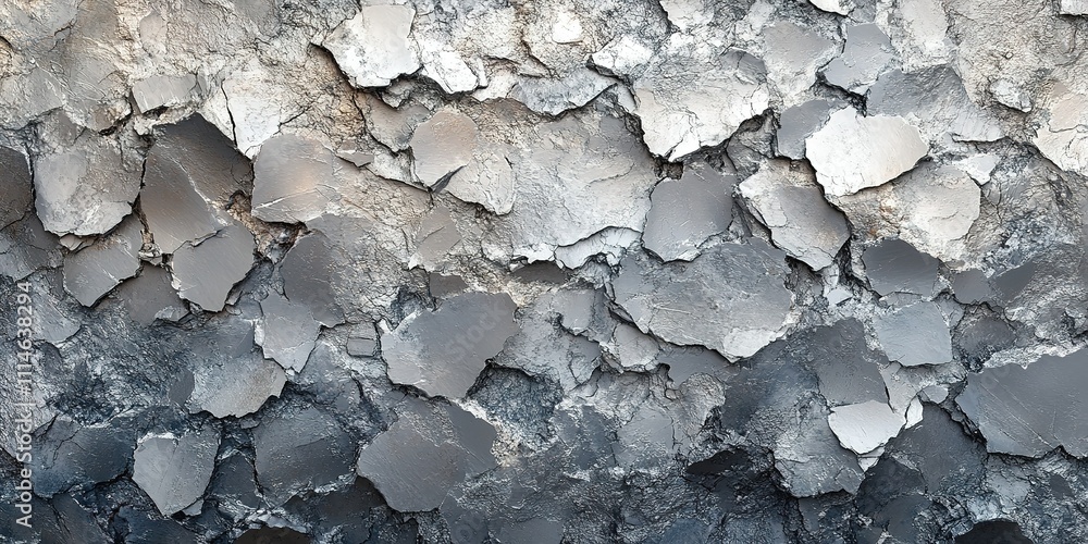 Textured surface with layers of gray paint peeling off a wall in an ...