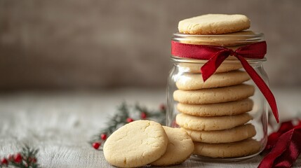 Poster - An isolated shot of butter cookies stacked in a jar, styled with a red ribbon and soft lighting on a neutral background