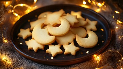 Poster - Butter cookies shaped like crescent moons and stars, styled on a dark wooden plate with golden fairy lights