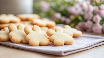 Poster - Butter cut-out cookies shaped like bunnies and flowers, placed on a pastel-colored napkin with a blurred rustic background