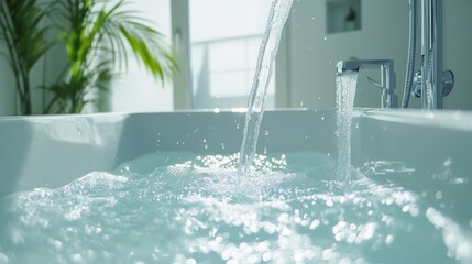 Wall Mural - Water Filling Modern Bathtub in Bright Bathroom