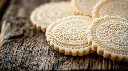 Poster - Butter cut-out cookies with elegant lace patterns, placed on a distressed wooden surface with a soft holiday glow