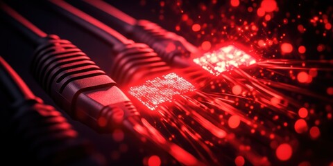 Leinwandbilder - Red glowing cables transmit digital data streams