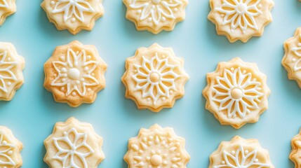 Poster - Isolated butter cookies in intricate mandala shapes, styled on a soft blue gradient background