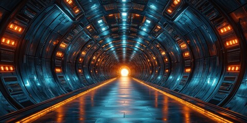 Poster - Futuristic Sci Fi Tunnel With Bright Orange Lights