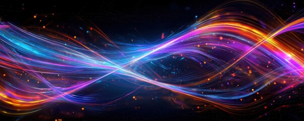 Wall Mural - abstract neon waves in vibrant pink, blue, and orange colors with glowing light effects on a dark ba