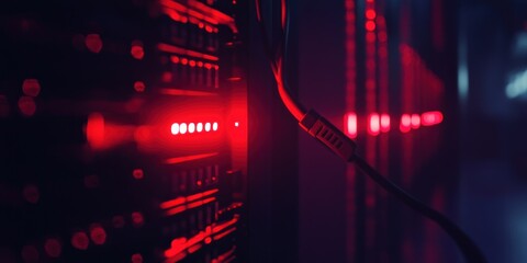 Poster - Red Illuminated Server Rack With Cable Connection