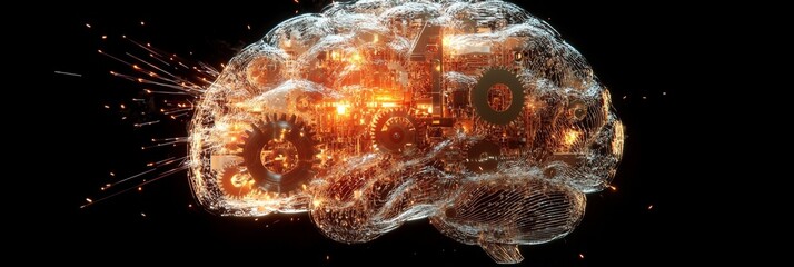 Glowing mechanical brain with gears and binary code in dark background