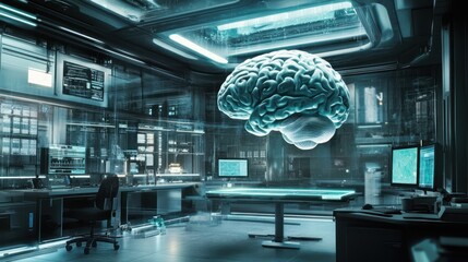 Poster - Futuristic Laboratory Featuring A Holographic Brain Model