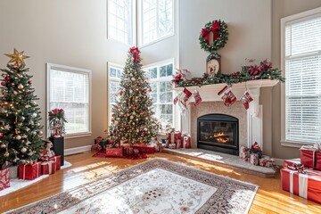 Sticker - Festive Christmas Living Room Decorated With Trees And Presents