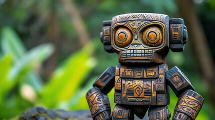 Intricate wooden robot sculpture displayed in a lush garden setting.