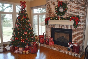 Sticker - Festive Christmas Tree Fireplace Decorated With Gifts