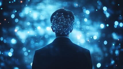 Poster - Networked Mind A Man In A Suit Stands Before A Blue Background