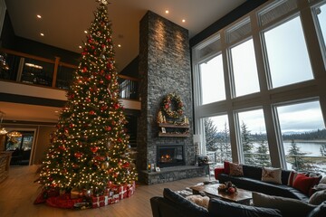 Sticker - Festive Christmas Tree Fireplace And Lake View Decorates Home