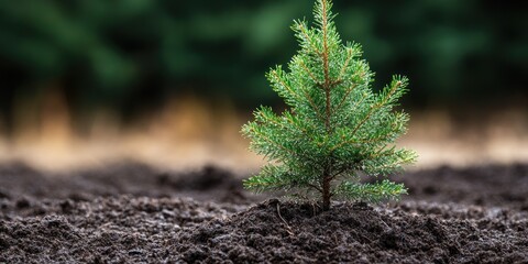 Poster - A Small Evergreen Tree Sapling Planted In Dark Soil