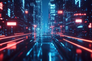 Fototapete - Futuristic Cityscape Neon Lights Digital Streetscape