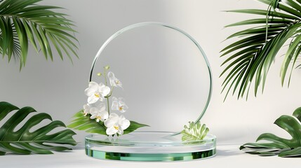 Canvas Print - Glass circular display stand with white orchids and tropical leaves on a light background. Botanical elegance and product showcase concept.