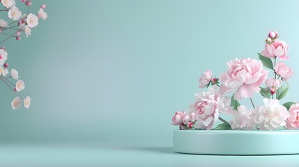 Wall Mural - Floral arrangement of pink and white blossoms on a pastel green platform with copy space. Springtime and nature-inspired decor concept.