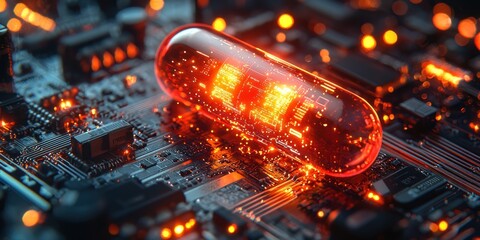 Fototapete - Glowing Capsule Containing Circuitry Rests On Motherboard