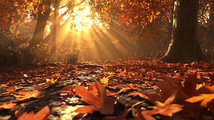 Wall Mural - Autumn Sunlight Illuminates Fallen Leaves In Forest Path