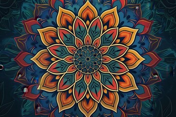 Poster - Intricate mandala design features detailed floral patterns and geometric shapes on dark background, showcasing artistic craftsmanship and symmetry