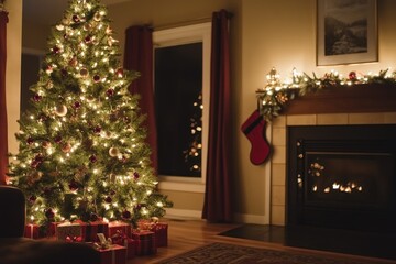 Wall Mural - Decorated Christmas Tree In Cozy Living Room Setting