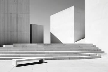 Poster - Modern architectural design featuring geometric shapes with minimalistic style under a clear sky in monochromatic tones