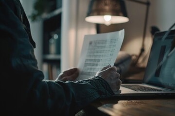 Leinwandbilder - Focused individual working late at night in a cozy workspace illuminated by soft lights and a computer screen