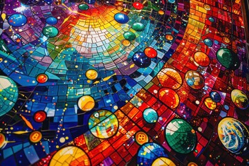 Poster - Vibrant mosaic of the cosmos featuring colorful planets, stars, and swirling galaxies in an artistic display of the universe's beauty