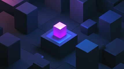 Wall Mural - glowing pink cube on dark platform amidst a field of dark cubes.