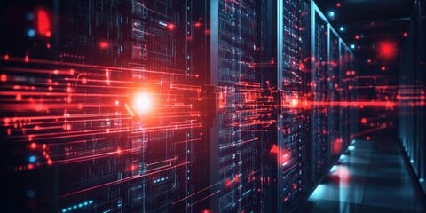 Fototapete - Red and Blue Data Streams Flowing Through Server Racks