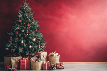 Sticker - Decorated Christmas Tree With Presents Against Red Wall