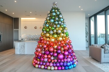 Wall Mural - Rainbow Christmas Tree Adorns Modern Living Room