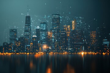 Poster - Night Cityscape Illuminated With Digital Network Connections