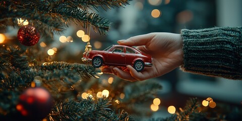 Sticker - A Hand Places A Red Toy Car Ornament On A Christmas Tree