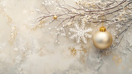 Poster - Snow Covered Branches With Gold Ornaments And Snowflake