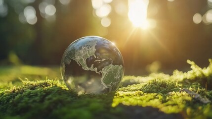 Poster - Glass Globe Earth Rests On Lush Green Moss