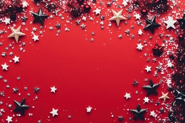 Sticker - Festive Red Background With Glittery Stars and Snow