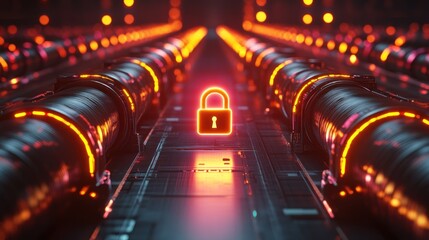 Fototapete - Digital Security System Illuminated Neon Padlock