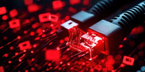 Poster - Network Cables Illuminated In Red Light Data Transfer